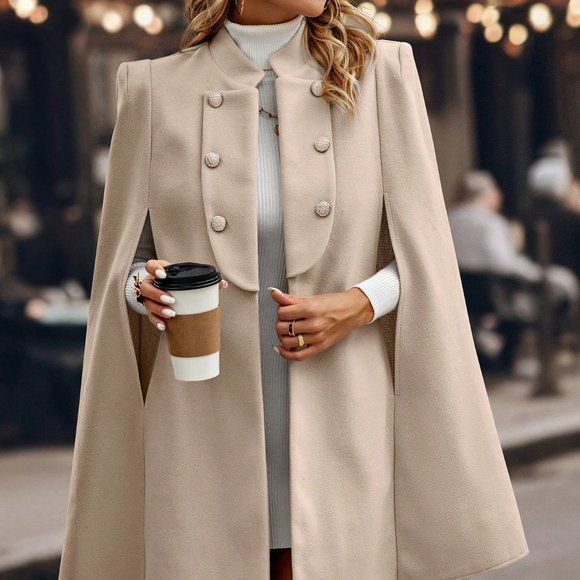 Classic Cloak Sleeve Double Breasted Cape Overcoat - Picture 2 of 5